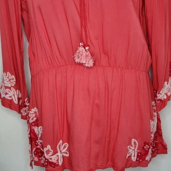 Soft Surroundings Floral Embroidered Tunic Size M Beaded Tassel Tie Top Beach - Picture 4 of 12